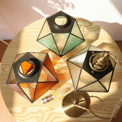 Traditional Vintage Polygonal Brass Stained Glass 1-light Pendant Light for Living Room