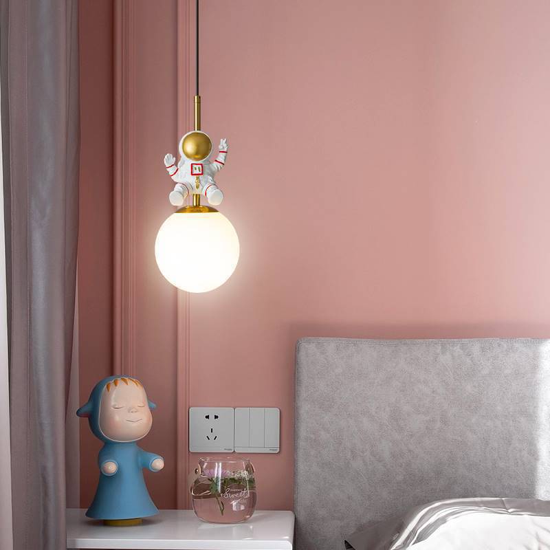 Contemporary Nordic Kids Orb Astronaut Iron Resin 1-light Pendant Light for Bedroom BulbSquare