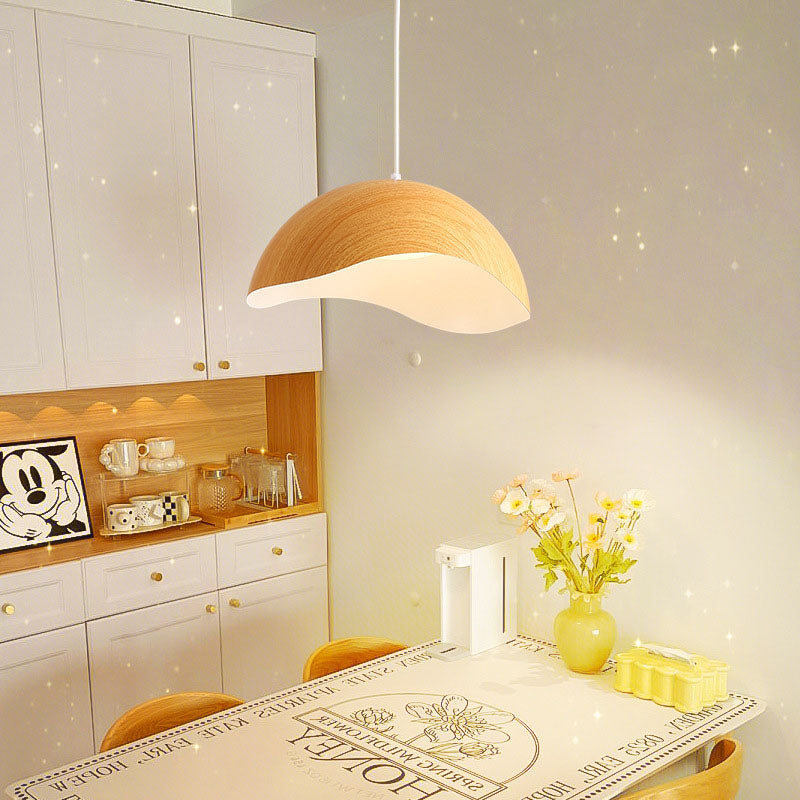 Contemporary Scandinavian Wood Grain Iron Dome Wave LED Pendant Light for Dining Room