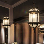 Contemporary Retro Hexagonal Lantern Glass Aluminum 1-light Waterproof Pendant Light for Outdoor Patio BulbSquare