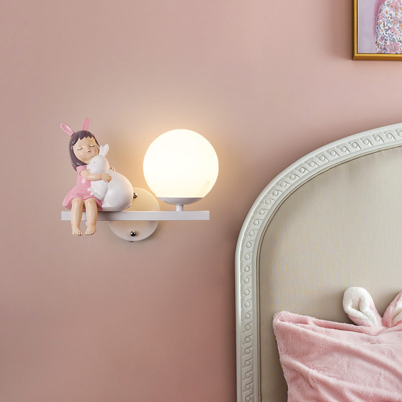 Contemporary Creative Kids Girls Unicorn Orb Resin Iron Glass 1-Light Wall Sconce Lamp For Bedroom Lumendat