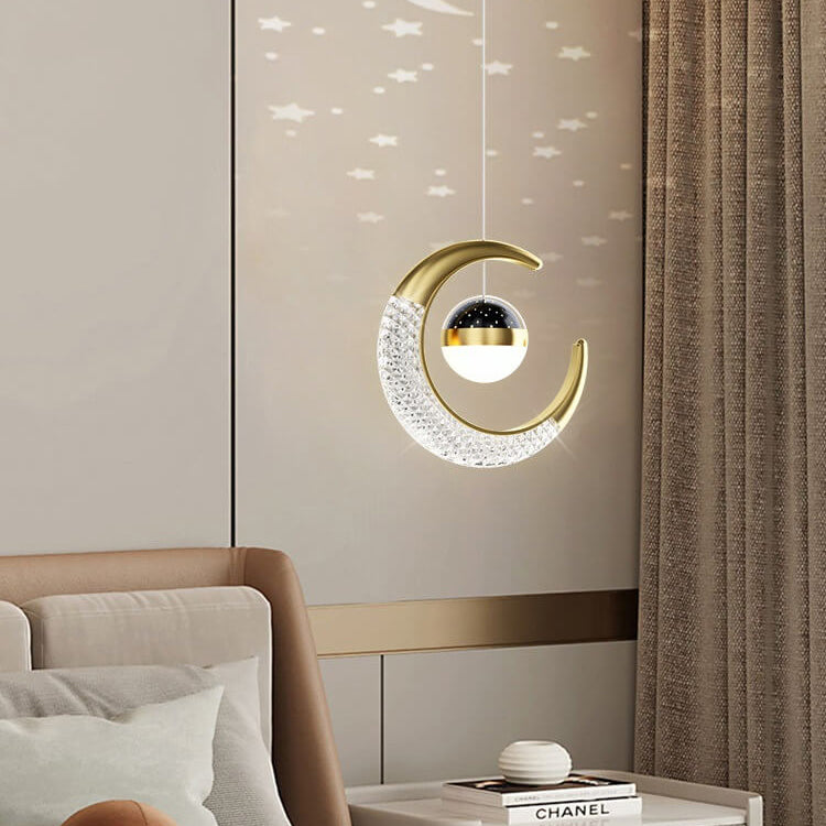 Contemporary Creative Iron Acrylic Moon LED Pendant Light for Bedroom