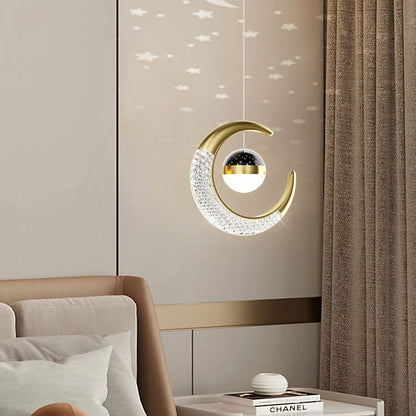 Contemporary Creative Iron Acrylic Moon LED Pendant Light for Bedroom