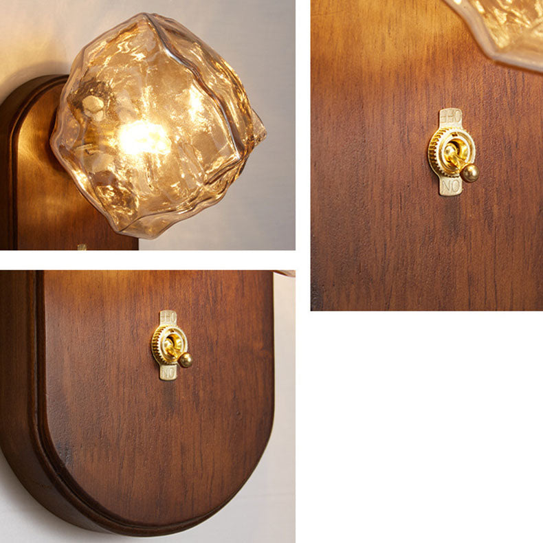Traditional Japanese Oval Ice Cube Shape Solid Wood Glass 1-Light Wall Sconce Lamp For Bedroom Lumendat