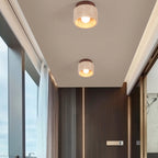 Japanese Wabi-Sabi Yellow Travertine Column Wood 1-Light Semi-Flush Mount Ceiling Light Lumendat