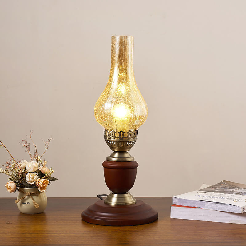 Vintage All Brass Wooden Glass Kerosene Lamp Design 1- Light Table Lamp Lumendat