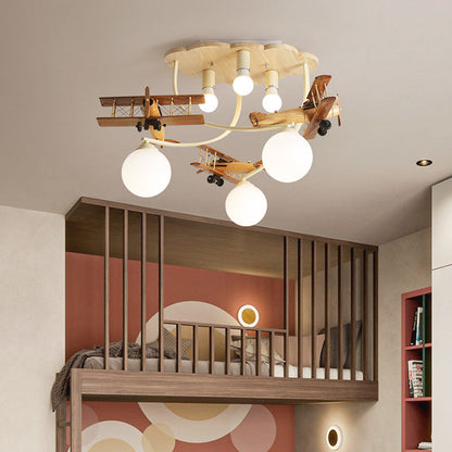 Contemporary Nordic Kids Iron Rubber Wood Glass Plane Cloud Ball 6-light Flush Mount Ceiling Light for Bedroom