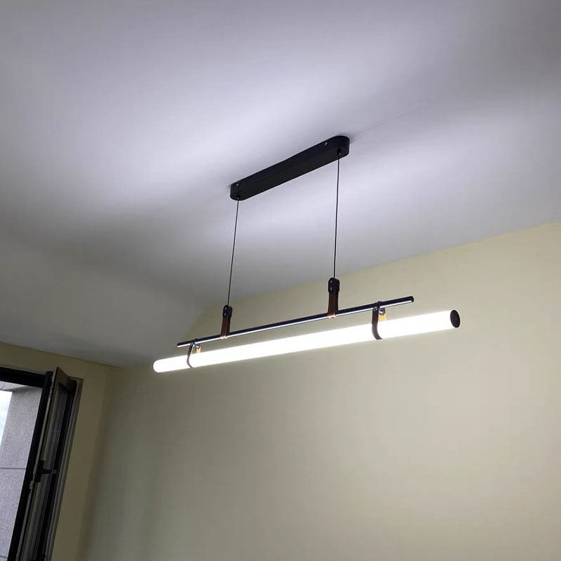 Modern Minimalist Long Strip Iron Acrylic Faux Leather LED Island Light Chandelier For Living Room & Dining Room Lumendat