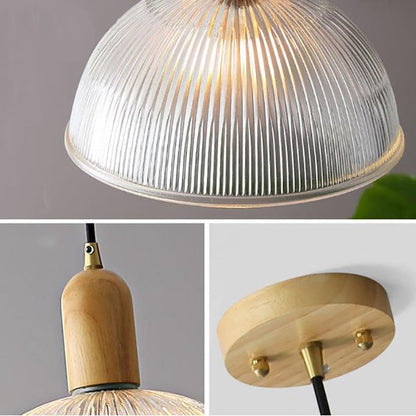 Traditional Vintage Round Bowl Solid Wood Dome Glass 1-light Pendant Light for Living Room