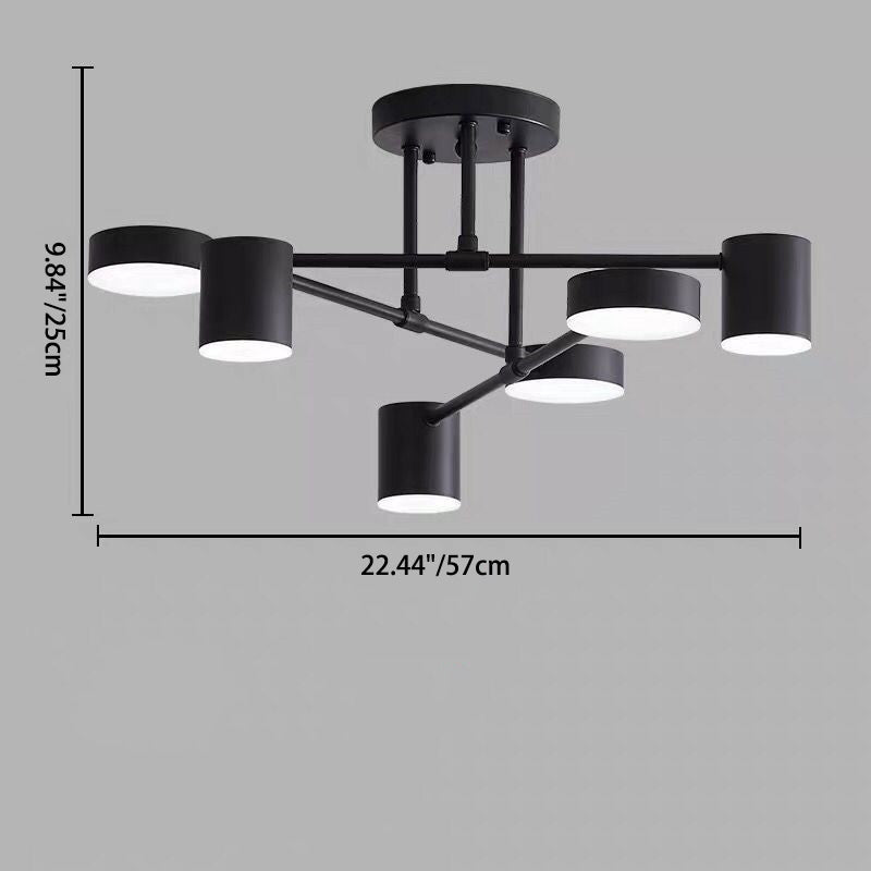 Contemporary Nordic Iron Aluminum Acrylic Round Cylinder Branch LED Semi-flush Mount Ceiling Light for Living Room