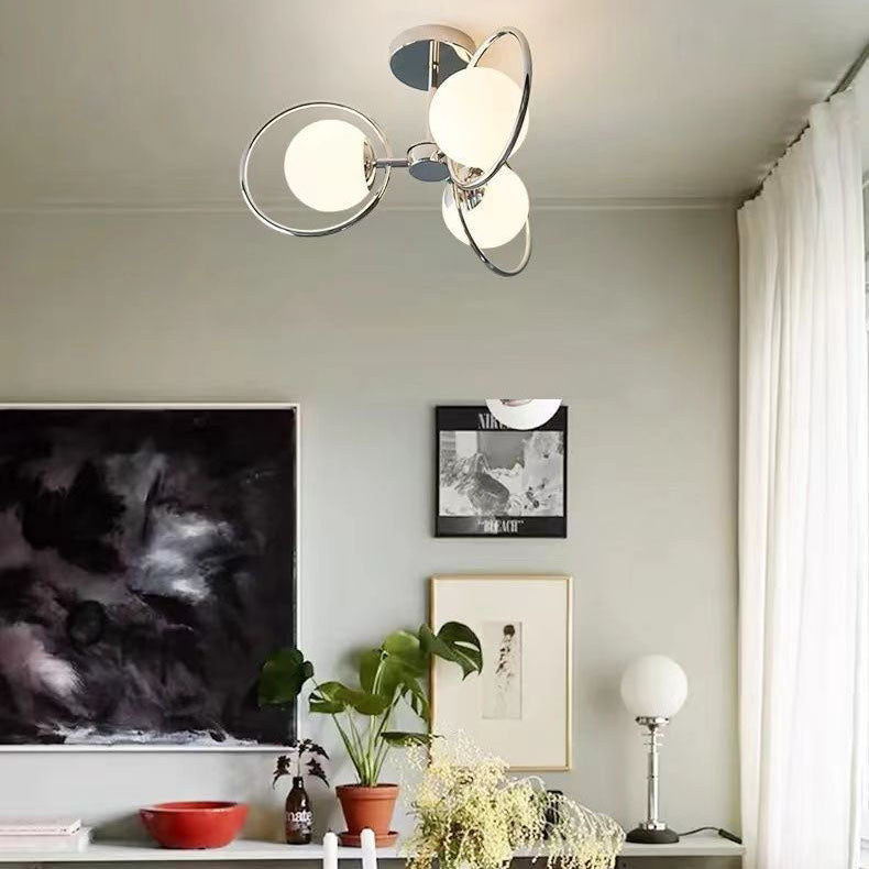 Traditional Vintage Iron Glass Ball Circle 3/5 Light Semi-Flush Mount Ceiling Light For Living Room