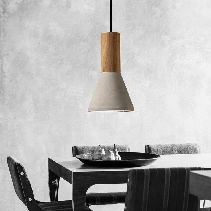 Contemporary Industrial Round Cone Triangle Cement Rubber Wood 1-light Pendant Light for Living Room BulbSquare