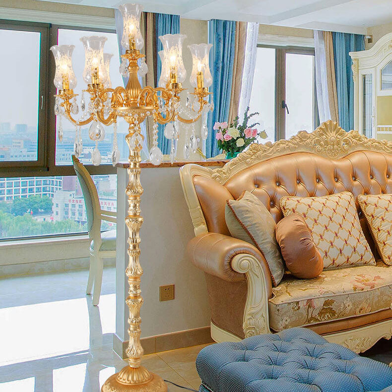 Traditional Luxury Golden Crystal Zinc Alloy Candle Holder 7-Light Standing Floor Lamp For Bedroom Lumendat
