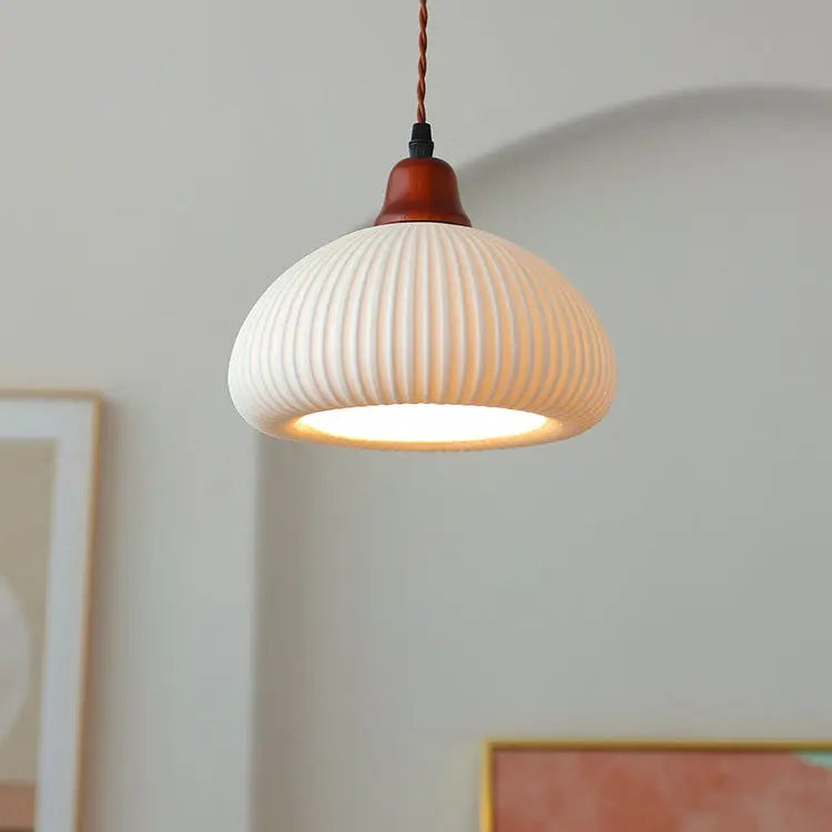Japanese Vintage Pleated Ceramic Round Dome Wood 1-light Pendant Light Lumendat