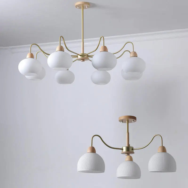 Nordic Japanese Glass Round Wood 3/6/8 Light Chandelier Lumendat