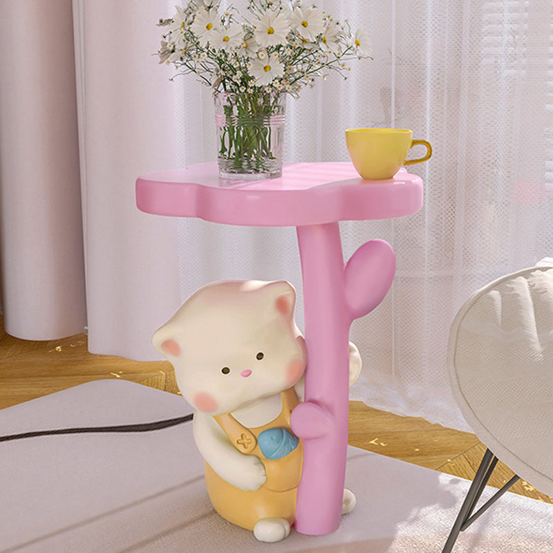 Lumendat Contemporary Creative Kids Cat Flower Resin End Table 1-Tray For Bedroom Lumendat