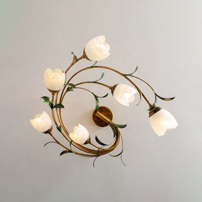 Traditional French Floral Iron Glass 6-light Flush Mount Ceiling Light for Living Room