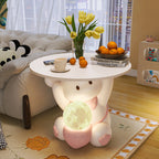 Lumendat Modern Art Deco Kids Rabbit Round Plate Rectangular Drawer Resin Wood Enamel End Table 1-Drawer With LED Light For Bedroom Lumendat