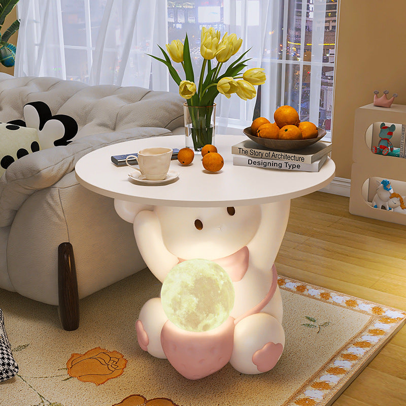 Lumendat Modern Art Deco Kids Rabbit Round Plate Rectangular Drawer Resin Wood Enamel End Table 1-Drawer With LED Light For Bedroom Lumendat