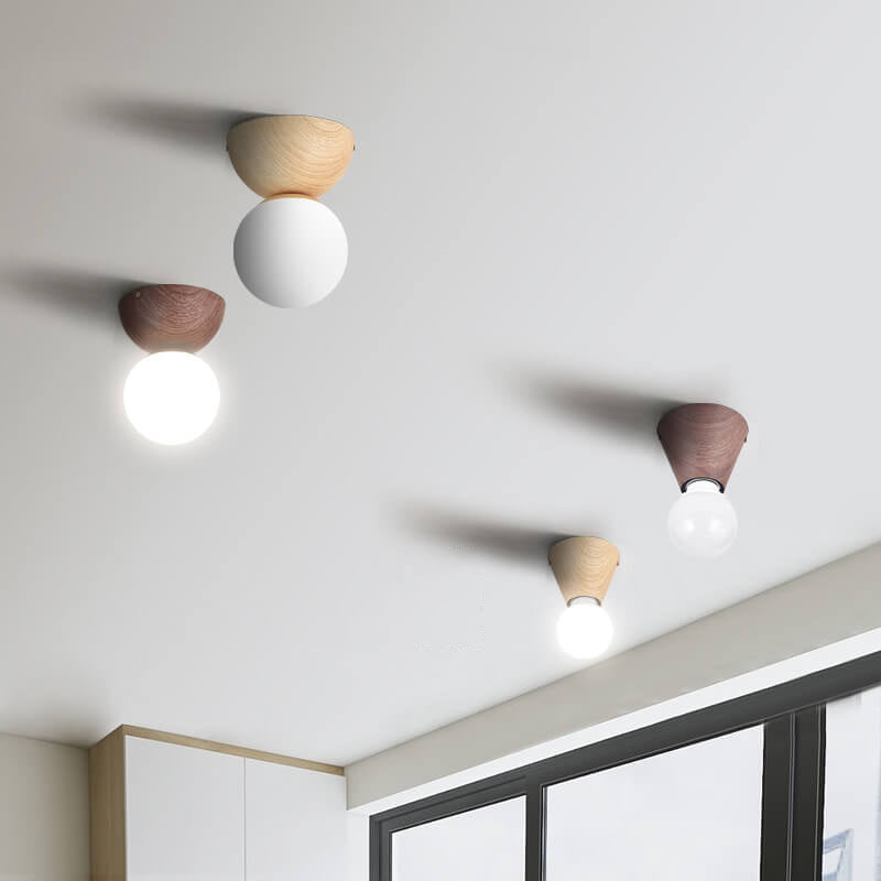 Japanese Minimalist Wood Grain Glass Round 1-Light Flush Mount Ceiling Light Lumendat