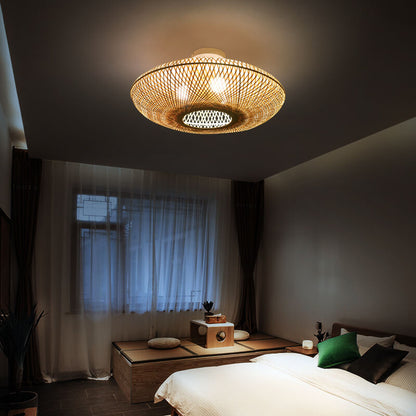 Japanese Bamboo Weaving Round Flying Saucer 3-light Semi-flush Mount Light