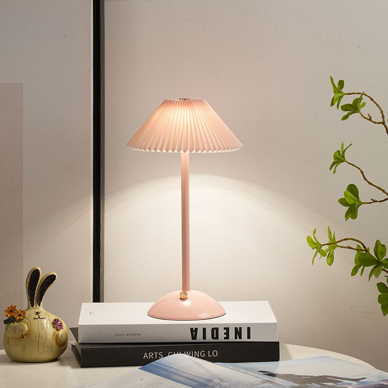 Contemporary Scandinavian Rechargeable Iron Fabric Conic Pleated 1-Light Table Lamp For Bedside Lumendat