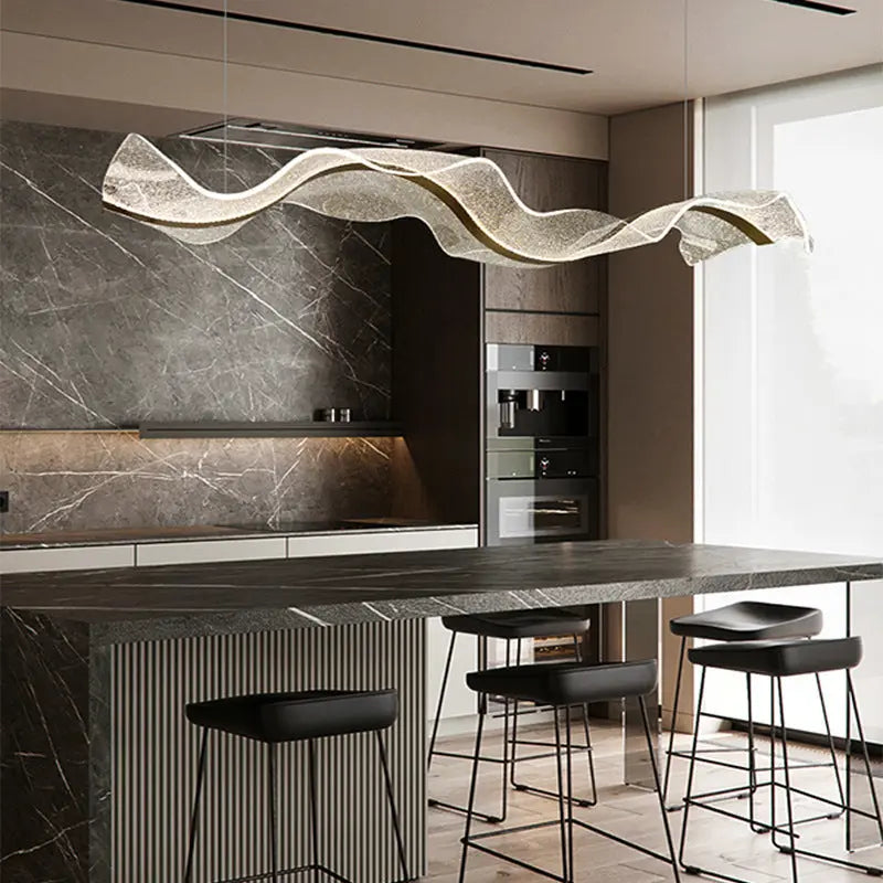 Contemporary Creative Rectangle Wave Ribbon Metal Acrylic LED Island Light Chandelier for Dining Room BulbSquare