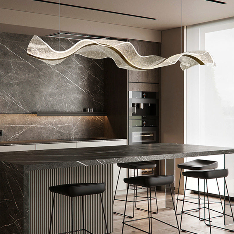 Contemporary Creative Rectangle Wave Ribbon Metal Acrylic LED Island Light Chandelier for Dining Room
