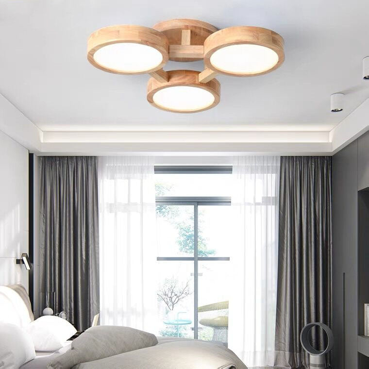 Contemporary Scandinavian Round Rubberwood LED Flush Mount Ceiling Light for Living Room