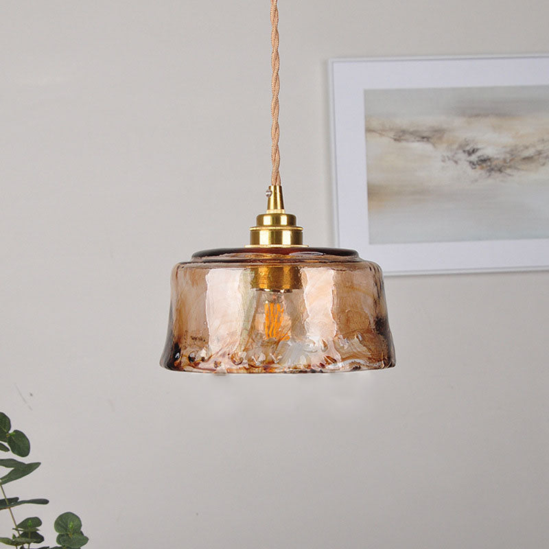 Traditional Vintage Amber Drum Round Glass Brass 1-Light Pendant Light For Living Room Lumendat