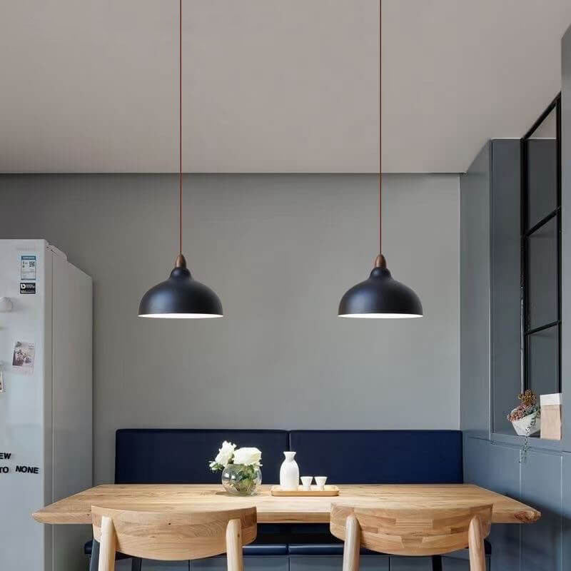 Japanese Simple Iron Dome Solid Wood Top 1-light Pendant Light BulbSquare