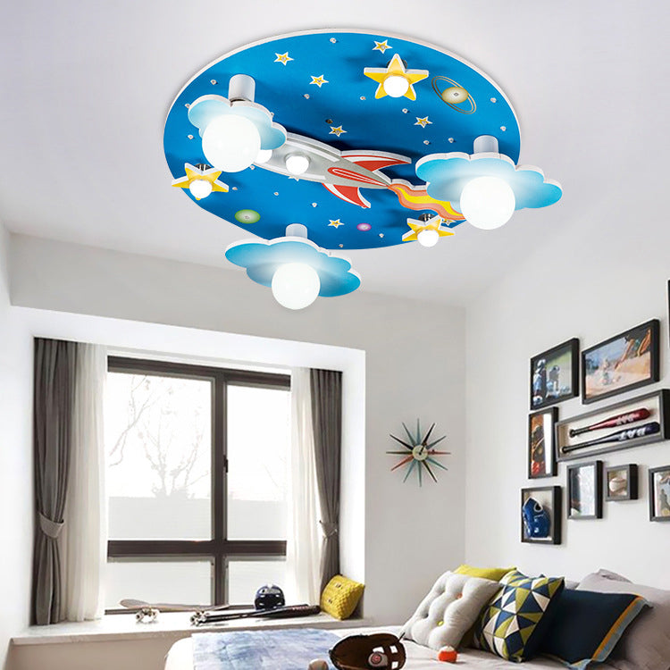 Lumendat Modern Art Deco Kids Wood Plastic Round Rocket Starry Sky LED Flush Mount Ceiling Light For Bedroom Lumendat