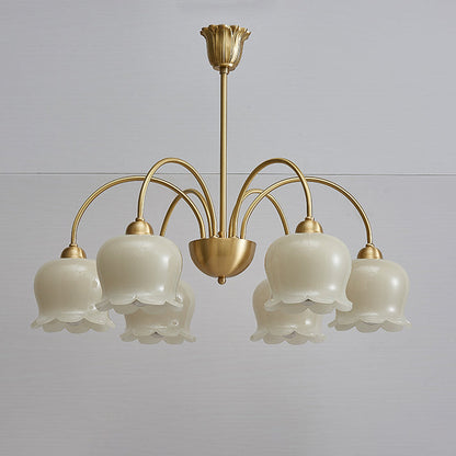 Traditional French Cream Floral Copper Glass 5/6/8 Light Chandelier for Living Room