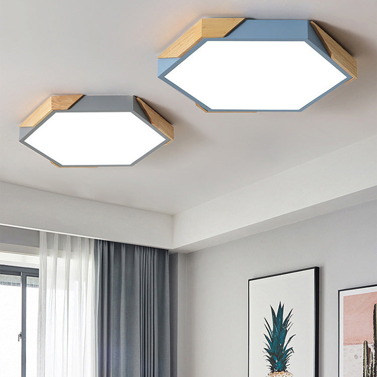 Contemporary Scandinavian Hexagonal Wood Grain Iron LED Flush Mount Ceiling Light for Bedroom