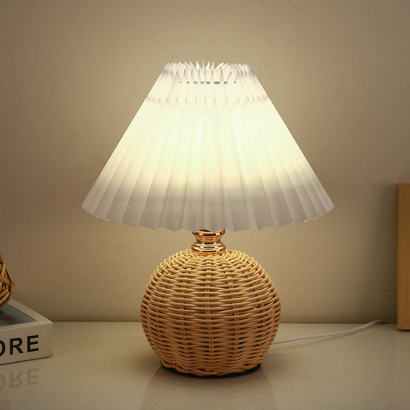 Contemporary Nordic Rattan Fabric Pleated Conic Ball LED Table Lamp For Bedroom Lumendat