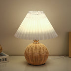 Contemporary Nordic Rattan Fabric Pleated Conic Ball LED Table Lamp For Bedroom Lumendat