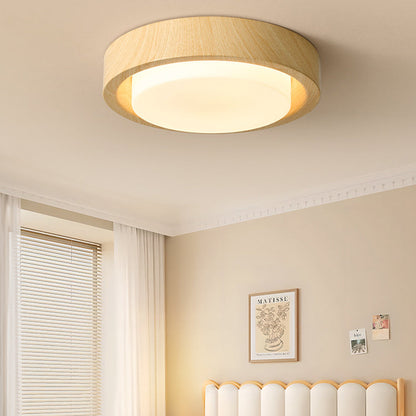 Traditional Japanese Round Glass Wood Grain LED Flush Mount Ceiling Light for Bedroom