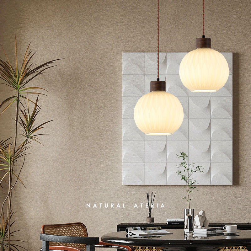 Traditional Japanese Walnut Glass Ball Round Bottle Ribbed 1-light Pendant Light for Dining Room