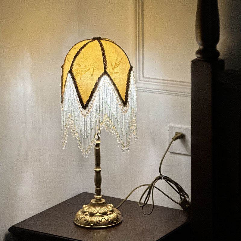Traditional French Tassel Leaf Iron Fabric 1-Light Table Lamp For Bedroom Lumendat