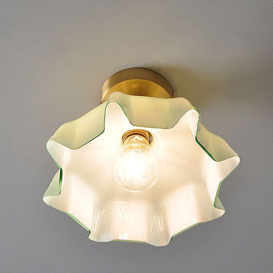 Japanese Vintage Cream Glass Floral Brass 1-Light Semi-Flush Mount Ceiling Light Lumendat