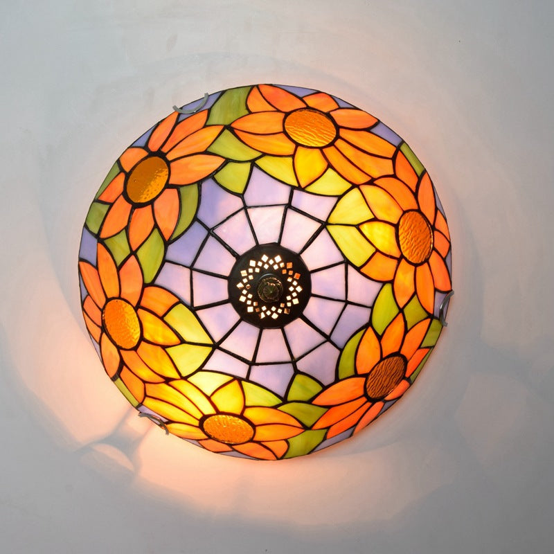 Traditional Tiffany Dome Sunflower Iron Glass 2-light Flush Mount Ceiling Light for Living Room