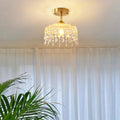 Traditional French Round Iron Copper Glass Crystal 1-Light Semi-Flush Mount Ceiling Light For Bedroom