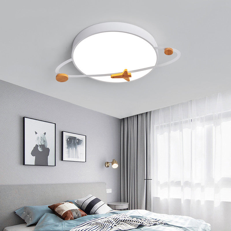 Lumendat Contemporary Scandinavian Iron Acrylic Wood Round Planet Design LED Kids Flush Mount Ceiling Light For Bedroom Lumendat