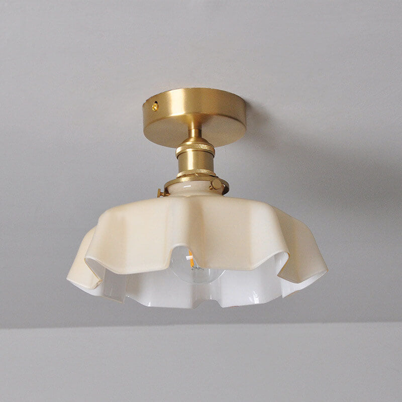 Japanese Vintage Cream Glass Floral Brass 1-Light Semi-Flush Mount Ceiling Light Lumendat