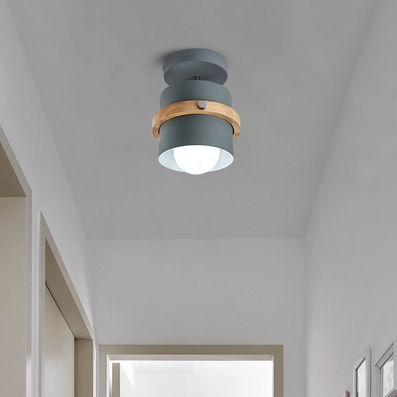Contemporary Nordic Round Cylinder Iron Solid Wood 1-Light Semi-Flush Mount Ceiling Light For Hallway Lumendat