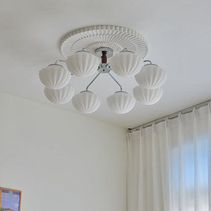 Traditional French Bowl Ribbed Iron Wood Glass 3/5/8 Light Semi-Flush Mount Ceiling Light For Living Room