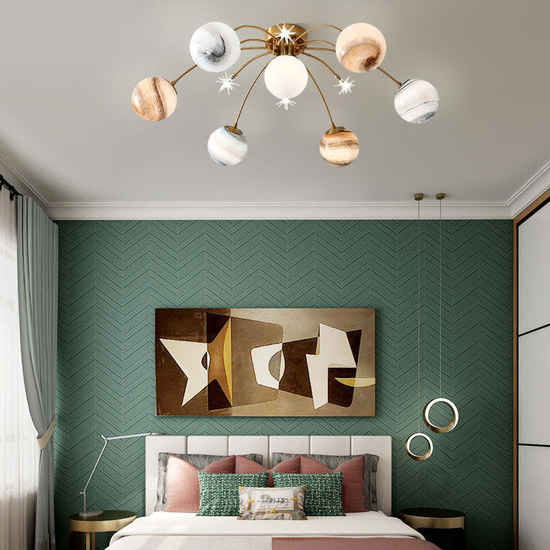 Contemporary Creative Starry Sky Moon Iron Glass 13-light Semi-flush Mount Ceiling Light for Bedroom