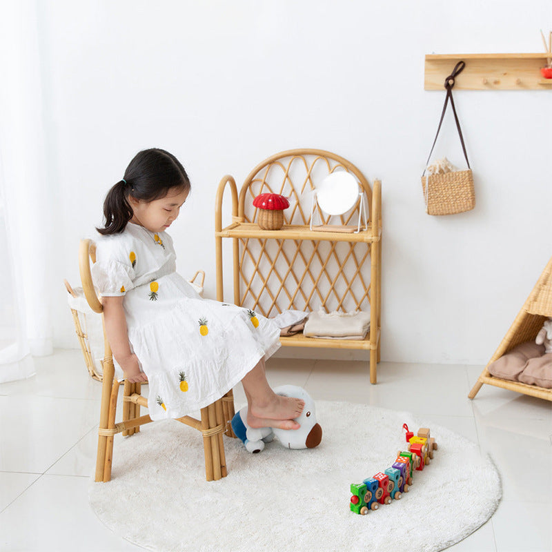 Lumendat Traditional Japanese Round Rattan Weaving Footstool Kids Backrest Chair For Entryways Lumendat