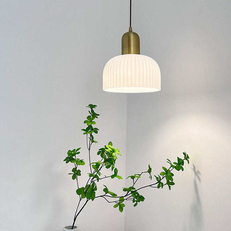 Japanese Wabi-sabi Brass Semi-circle Pleated Glass 1-light Pendant Light