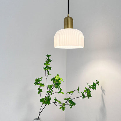 Japanese Wabi-sabi Brass Semi-circle Pleated Glass 1-light Pendant Light